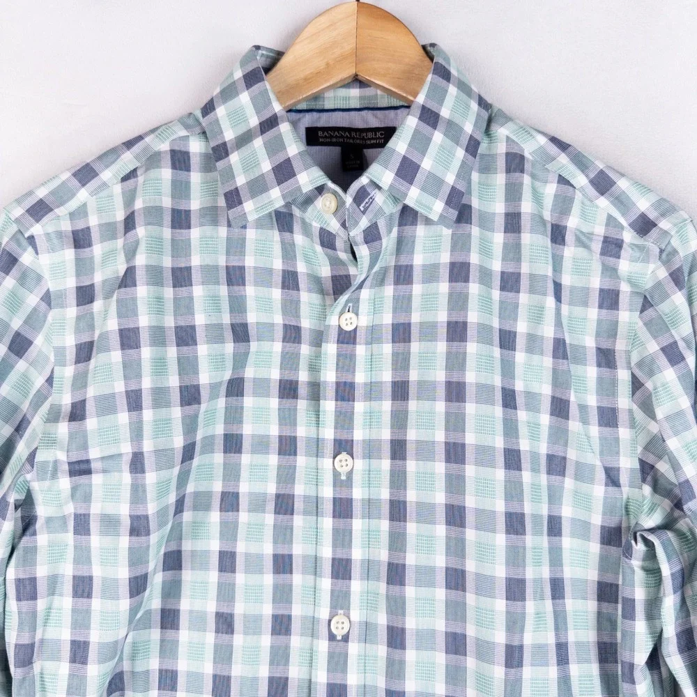 Banana Republic Mens Button Down Shirt S Green Blue Plaid Non-Iron Tailored Slim